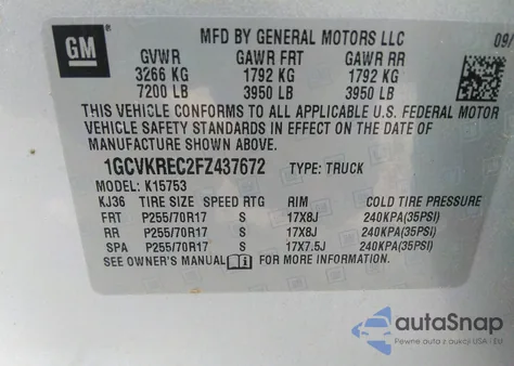 2015 Chevrolet Silverado 1500 1Lt z USA, uszkodzony, nr VIN 1GCVKREC2FZ437672